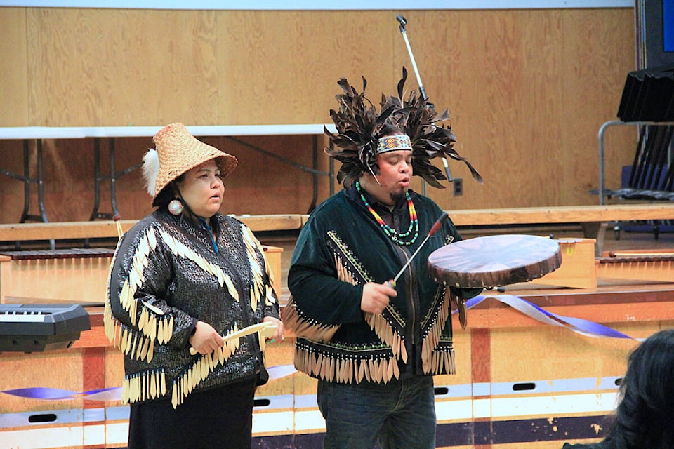 Coast Salish drummers Bernadette Williams and August Williams perform a welcome song at Cloverdale Traditional School May 3 during a 100th-anniversary celebration for the longest continuously used school site in Surrey. (Photo: Malin Jordan)