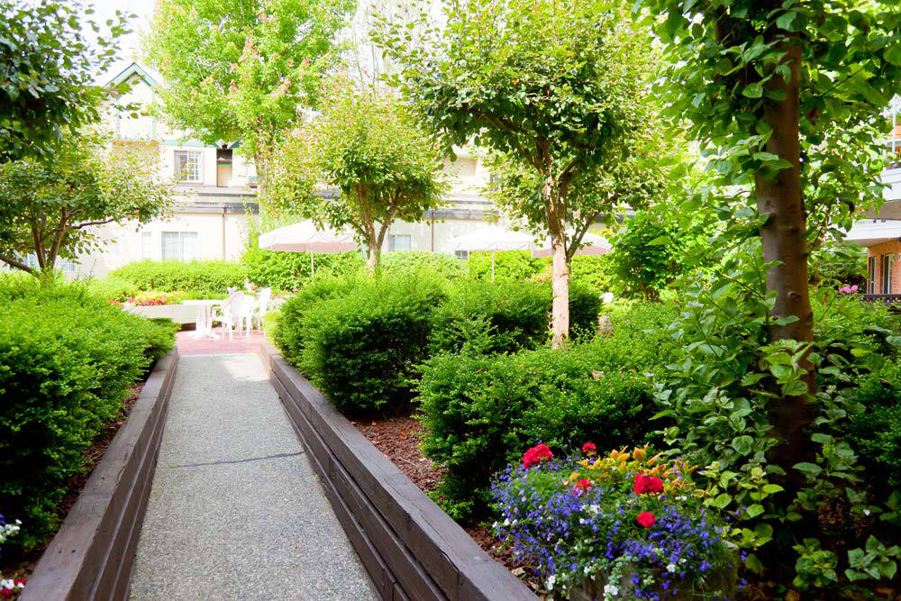 Residents enjoy the beautifully landscaped grounds at Pacific Carlton seniors residence.