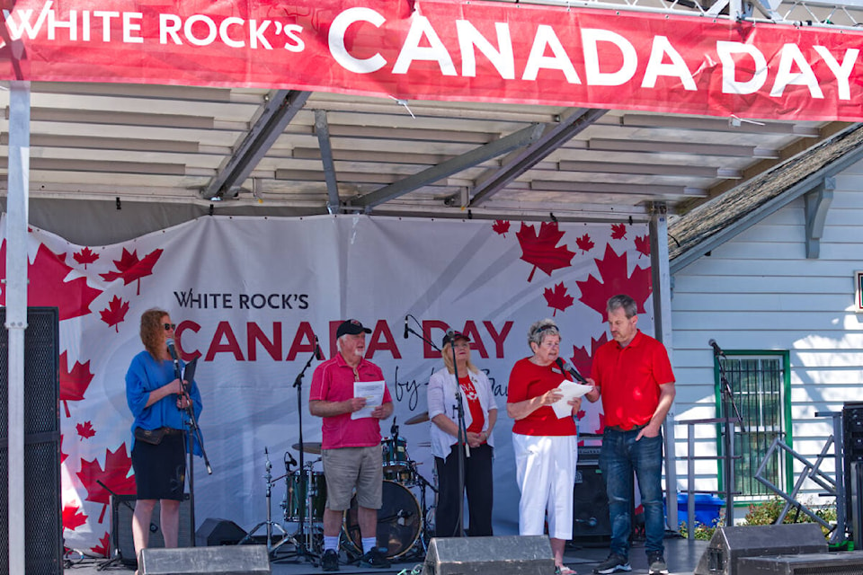 White Rock’s Canada Day by the Bay festivities, celebrating the nation’s 155th birthday, got underway with an opening ceremony on the MainStage in Memorial Park. This year’s event marks a return to in-person celebrations following two years of virtual entertainment during the COVID-19 pandemic. (Geoffrey Yue photos)