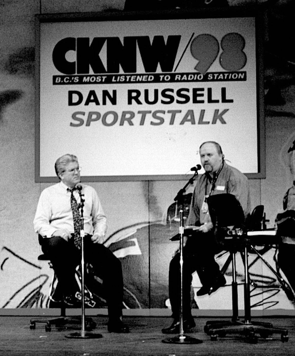 Sports broadcaster Dan Russell with Canucks exec Brian Burke during a Sportstalk segment. (Submitted photo)
