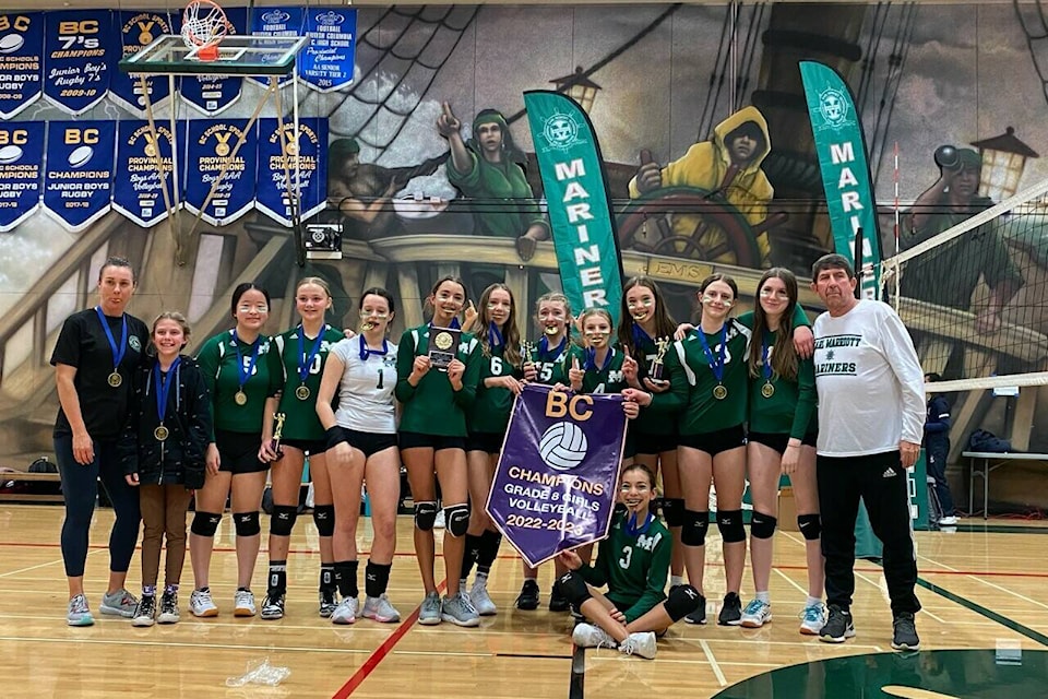 In front of a packed Earl Marriott Secondary gym Saturday Nov. 19, the host Mariners knocked off the undefeated Saint Thomas More Knights in front of a raucous crowd to win the Grade 8 girls provincial volleyball championship. (contribute photo)