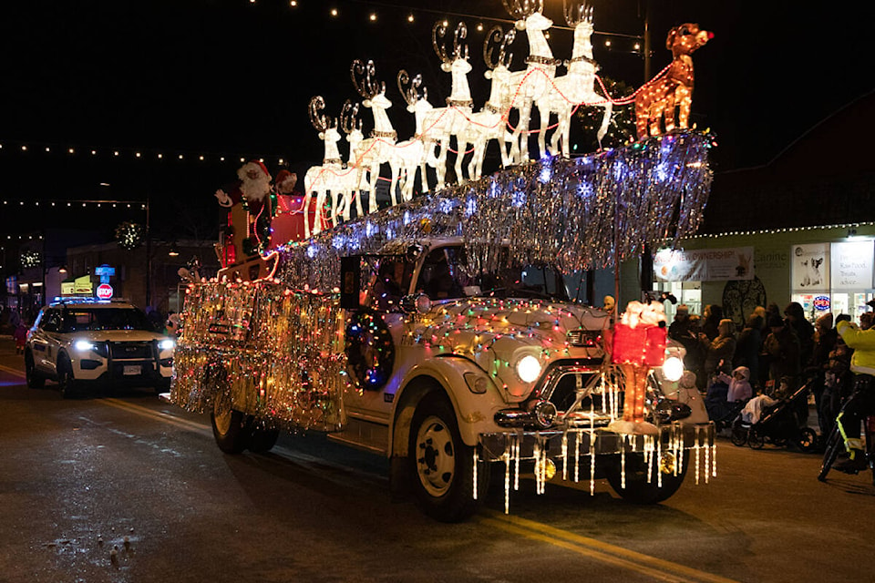 A truck rolls through Cloverdale Dec. 4 as part of the 15th annual Surrey Santa Parade of Lights. The parade returned this year after a two-year, COVID-caused hiatus. (Photo: Jason Sveinson)