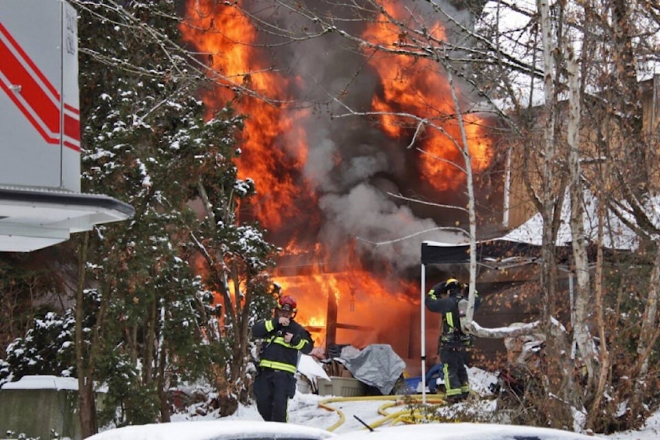 A two-storey home at 10345 Sheaves Place in North Delta was destroyed by fire on Monday morning (Dec. 19). (Shane MacKichan photo)