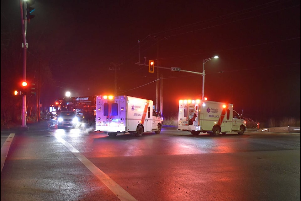 Two people died and a third was in critical condition after a Saturday night (Dec. 17) collision involving three vehicles at 216th Street and 80th Avenue in Langley’s Willoughby neighbourhood. (Curtis Kreklau/Special to Langley Advance Times)