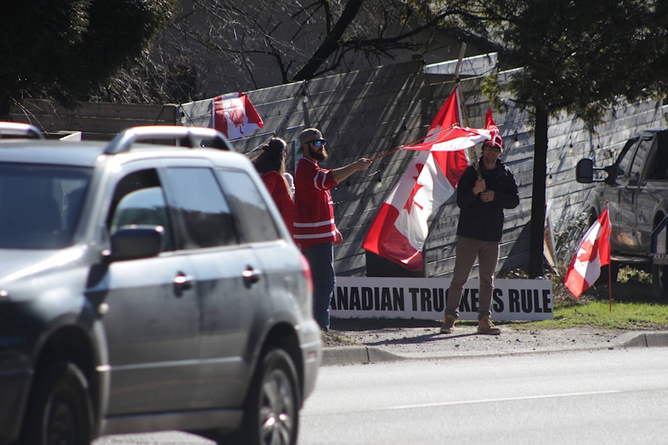 The “3rd Lower Mainland Freedom Convoy” arrived in South Surrey Saturday (Feb. 12) after starting in Chilliwack earlier in the morning. (Photo: Lauren Collins)