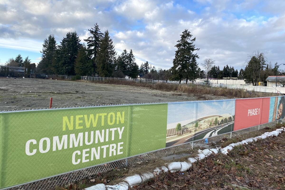 Fence surrounding the future Newton Community Centre site includes a rendering of the facility, on King George Boulevard at 70A Avenue. (Photo: Tom Zillich)