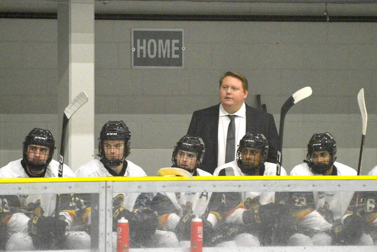 Coach Andy Liboiron on the Surrey Knights bench during a game against Delta Ice Hawks at North Surrey Sport & Ice Complex on Thursday, Feb. 9, 2023. (Photo: Tom Zillich)