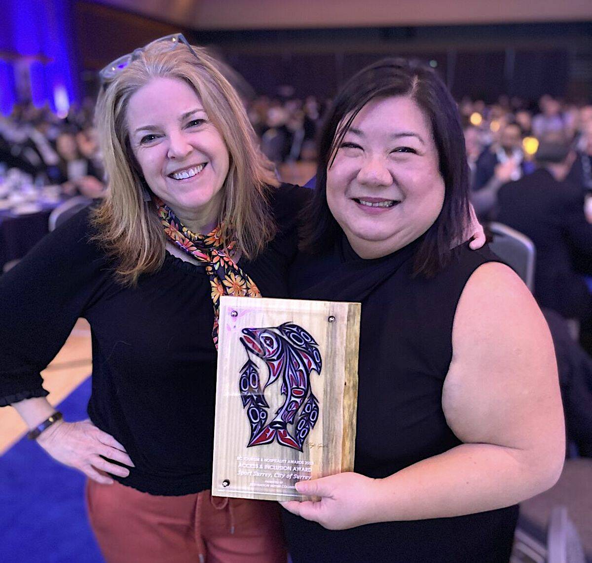Angeline Chew (right), executive director of Discover Surrey, with Destination BCs Kathleen Harvey at March 2 awards event in Prince George. (Submitted photo)
