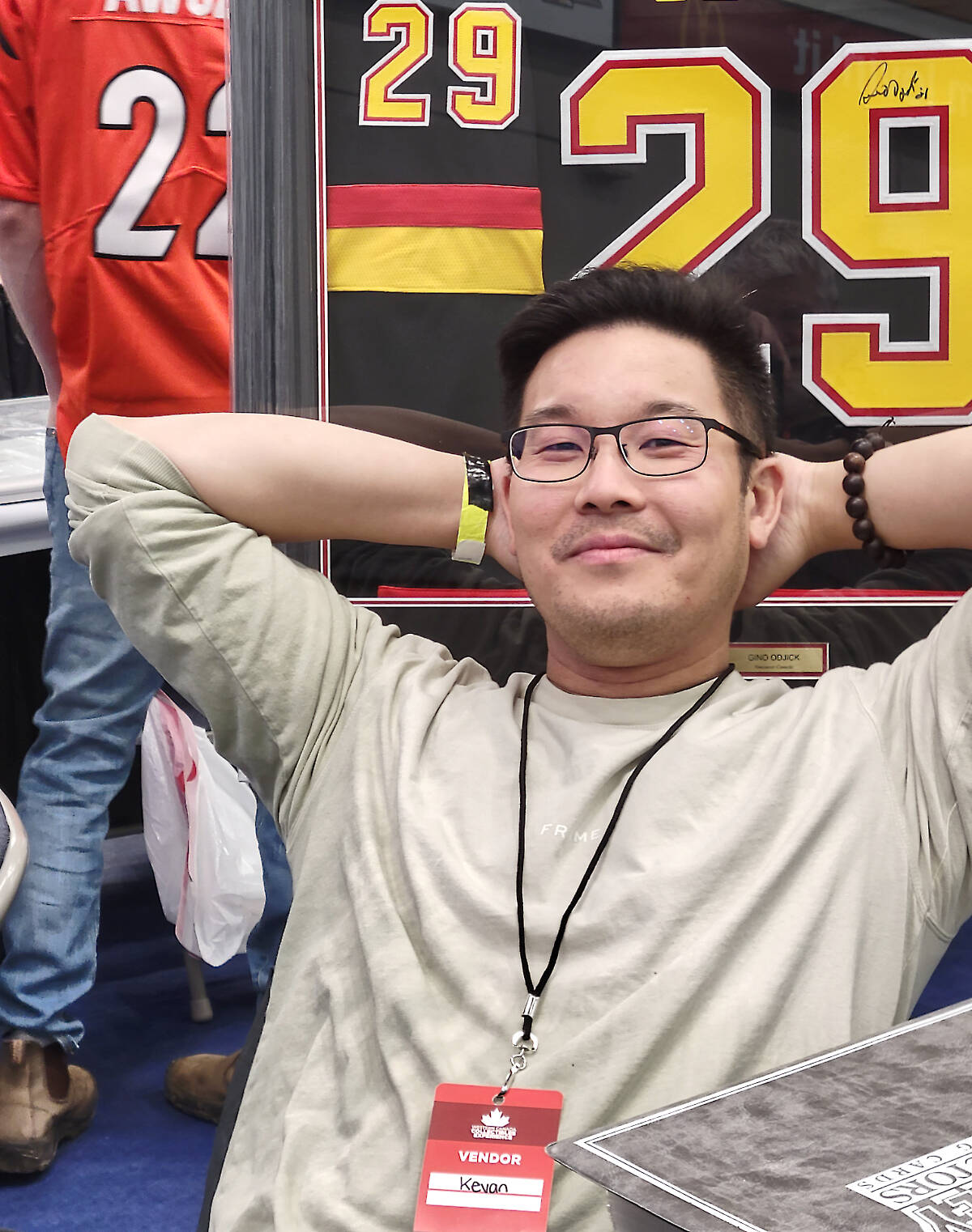 A relaxed Kevan Seng, a vendor from Richmond, was waiting for the doors to open to collectors Sunday morning, April 9, at at Langley Events Centre for the Western Canada Collectibles Experience. (Dan Ferguson/Langley Advance Times)