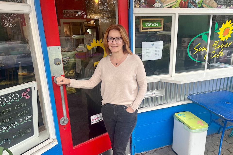 A longtime colourful Crescent Beach business known for its tasty, organic food and NHL connections – the Sunflower Café – is up for sale. Sym Thiele, who owns the business with Kathie Buote, says they’ll both miss their staff and customers the most. (Tricia Weel photo)