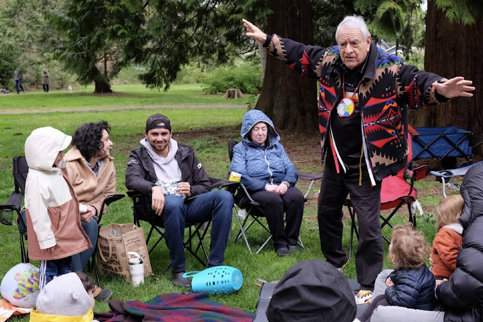 Chief Phil Lane, Jr. tells stories of Dakota culture during an Earth Day event April 22, 2023 at Kwomais Point Park. (Geoff Yue file photo)
