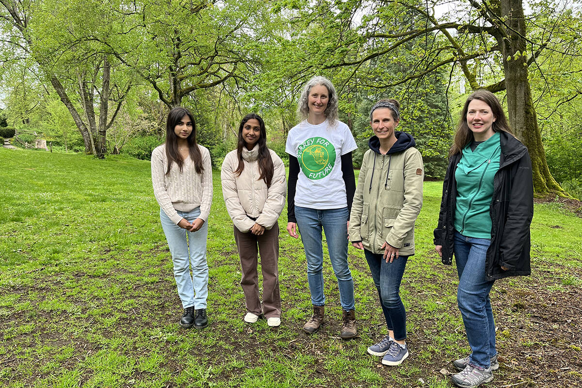 Members of the Surrey school community are fighting for the school district to take action on mitigating climates impact on education and increase educational resources for teachers and students. From left: Ria Kaeley, Grandview Heights Secondary student; Sonya Chatterjee, Semiahmoo Secondary student; Allison Richardson, parent and member of Surrey for Future; Julie Ainscow, teacher at Pacific Heights Elementary and Hilary Wardlow, teacher at Maple Green Elementary. (Sobia Moman photo)