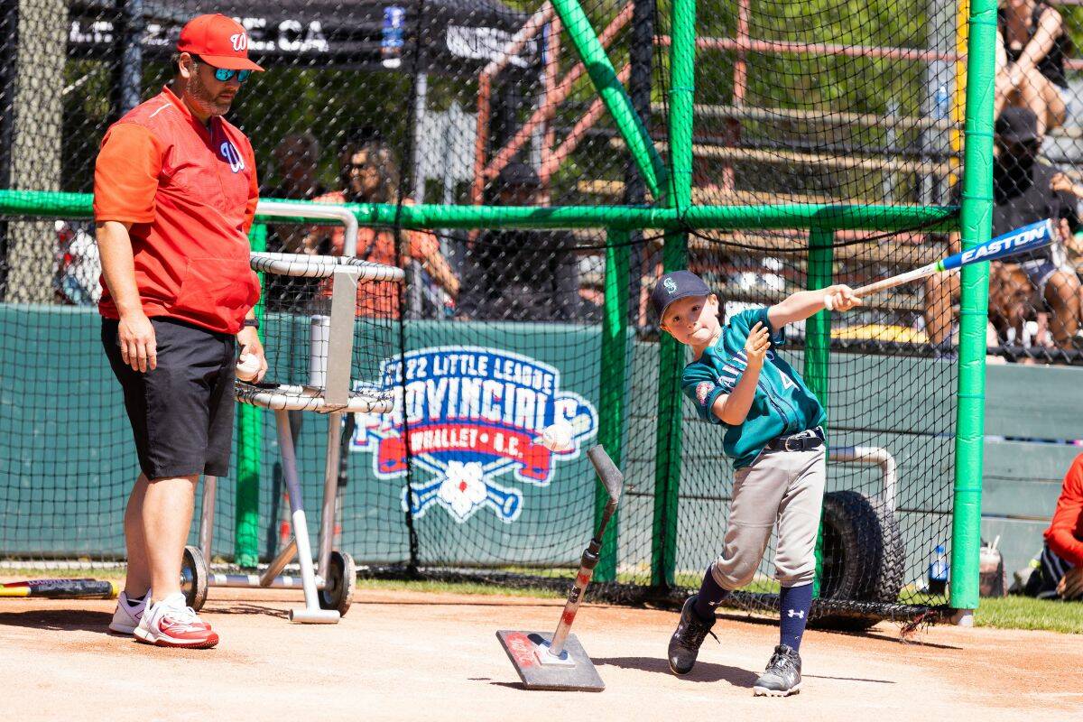 A member of Mariners team bating during Whalley Little League in Surrey on Saturday, June 3, 2023. The Mariners are part of the rookie division for children 7- 8 years old. (Photo: Anna Burns)