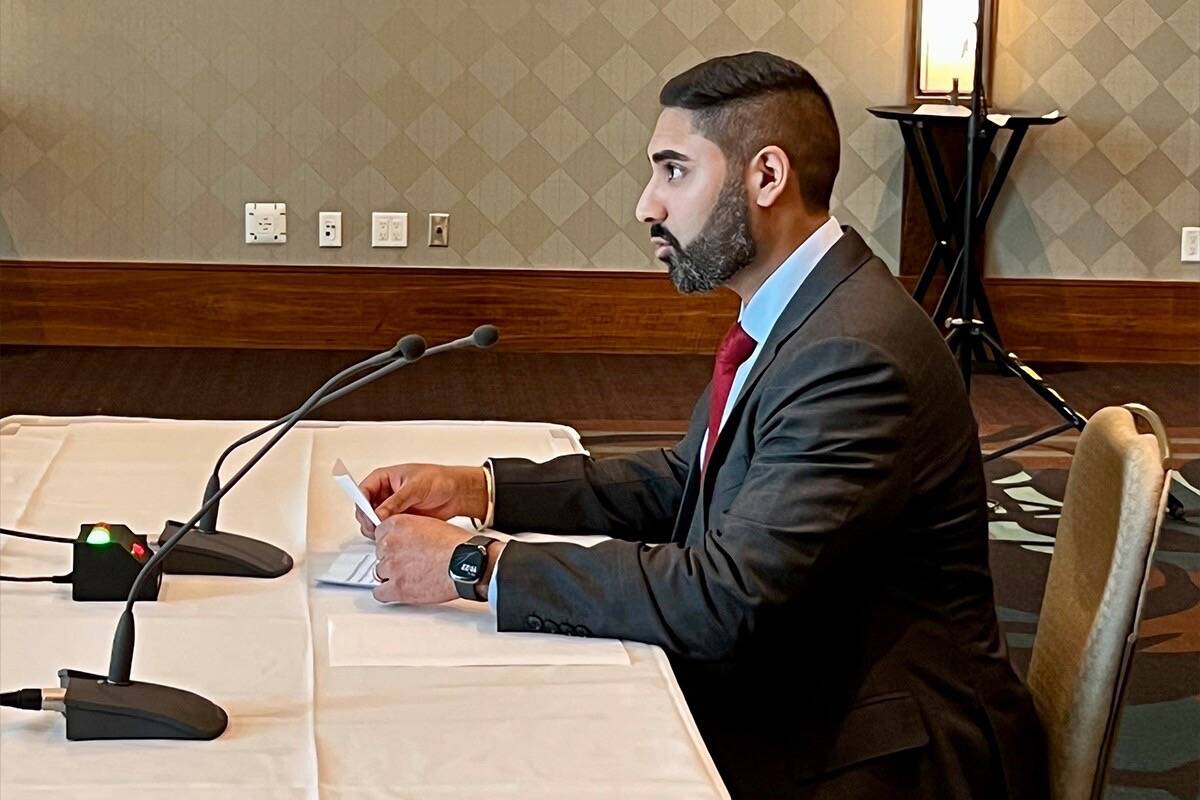Policy and research manager Jasroop Gosal presents the Surrey Board of Trades priorities for business related to B.C.s next budget. (Photo submitted)