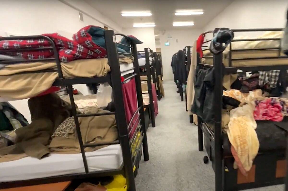 The mens dorm at The Cove transitional shelter in Whalley, as seen in a video about a planned renovation project led by Victoria-based charity Herowork. (Youtube.com)