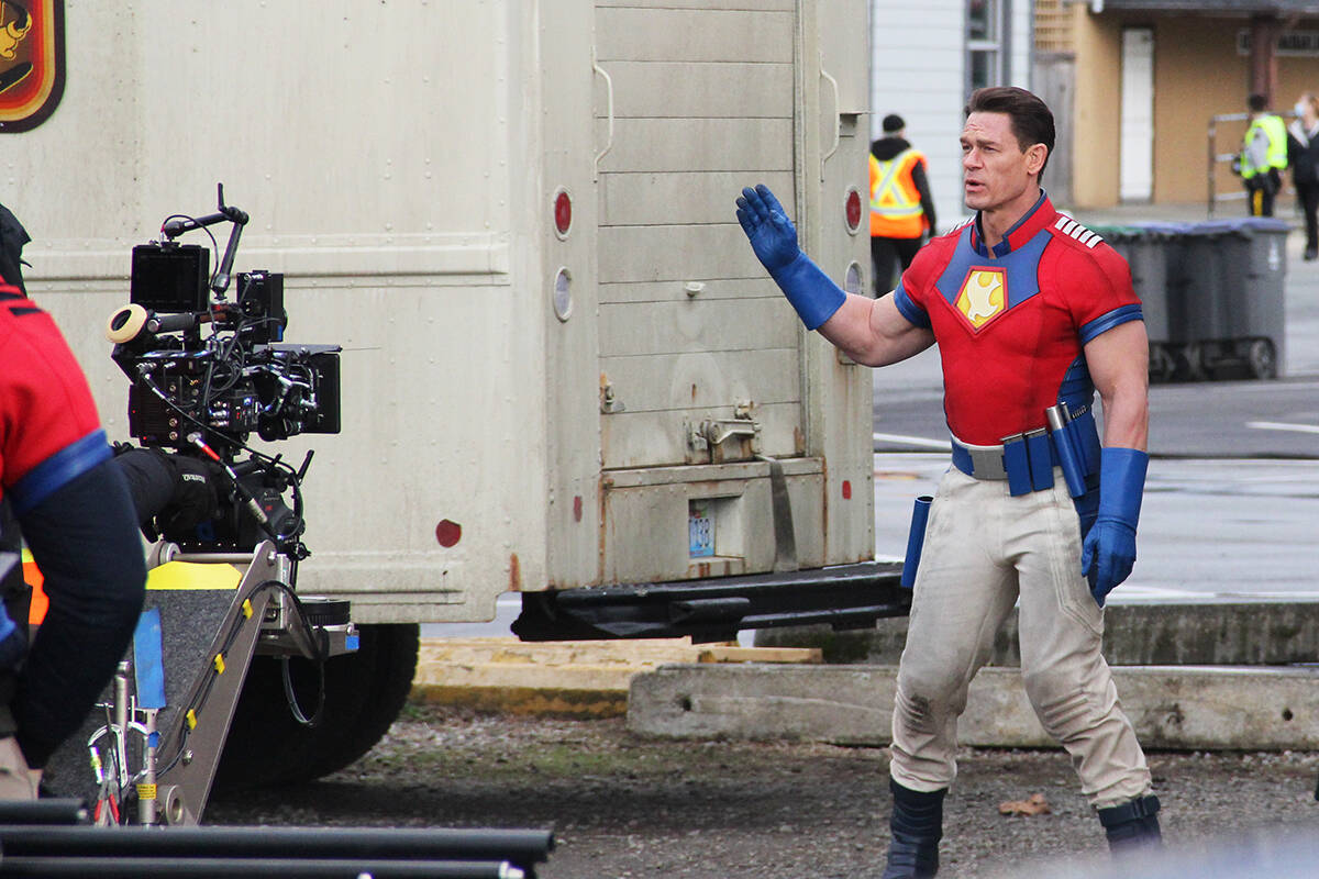 Actor John Cena talks to the camera operator while filming Peacemaker in Cloverdale in 2021. (Photo: Malin Jordan)