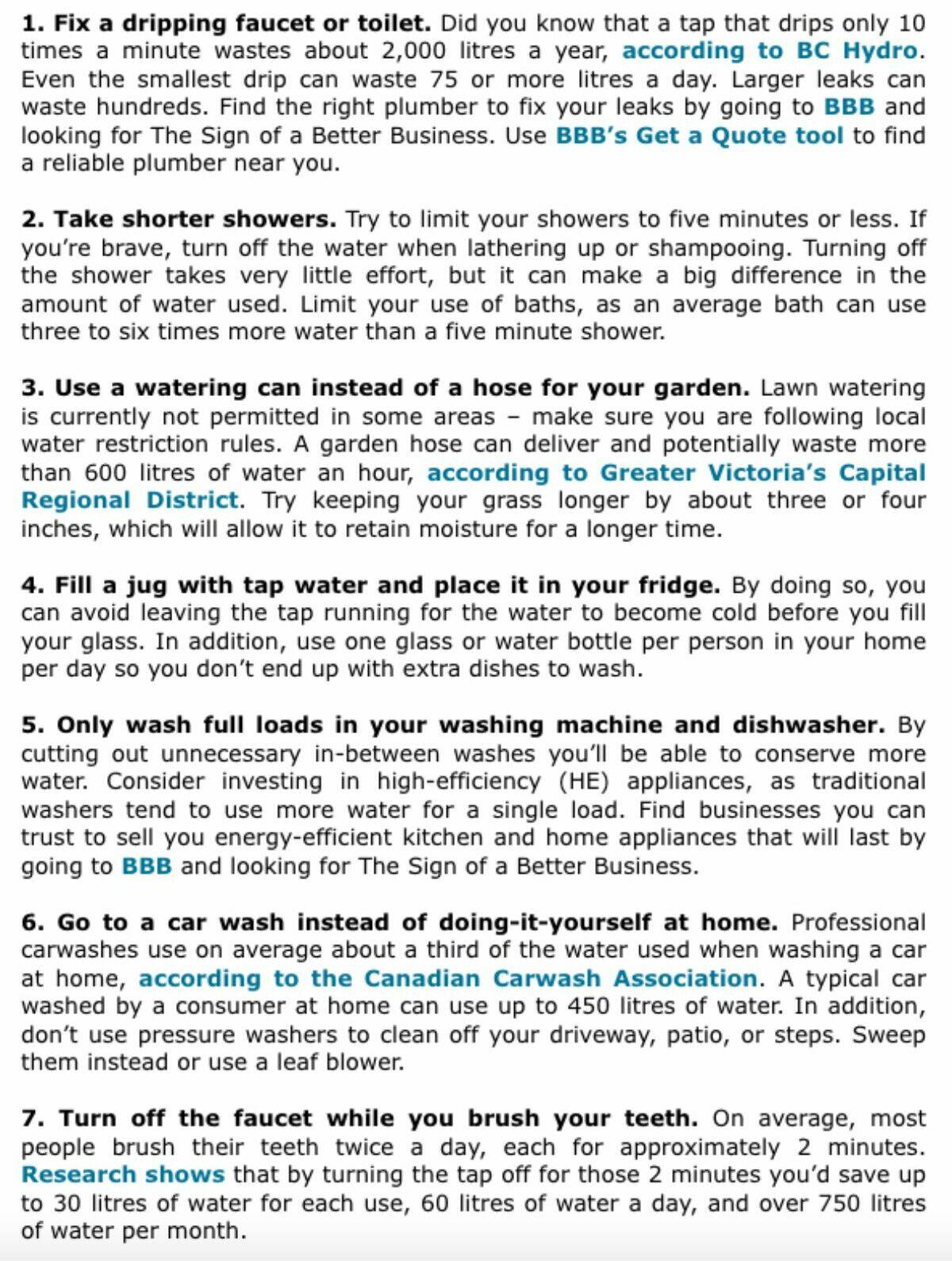 "Seven Tips to Save Water During BC's Drought" from Better Business Bureau Serving Mainland BC