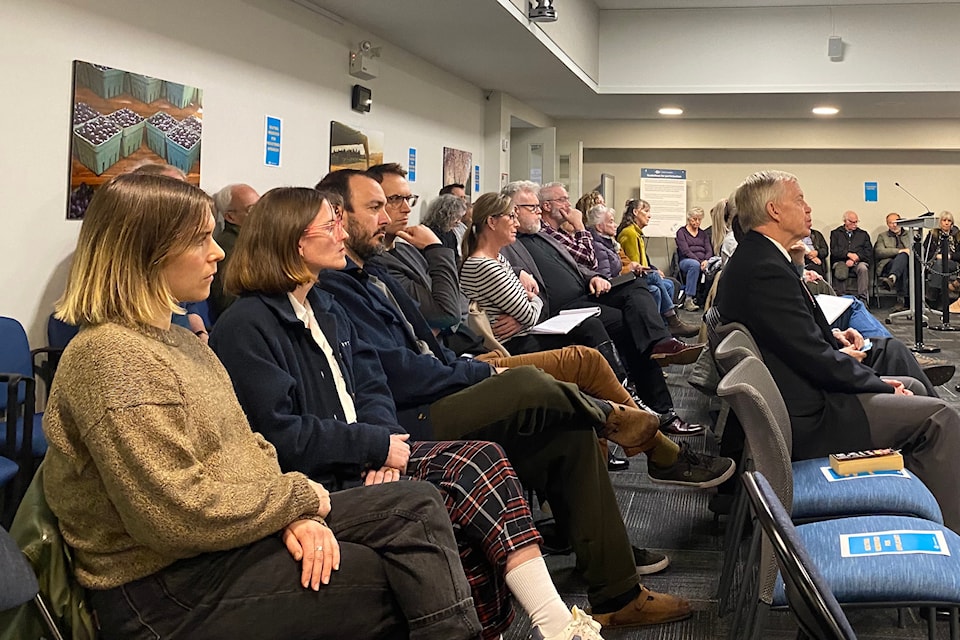 Residents gather in Central Saanich municipal hall before a public hearing was abruptly cancelled.