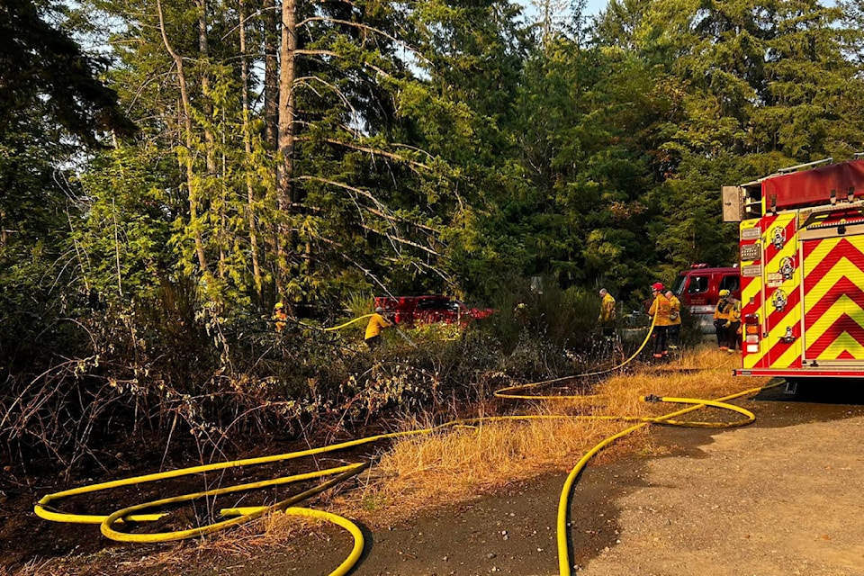 Mill Bay Fire Rescue and Malahat Fire quickly douse a brush fire called in by a boater on July 21, 2024.