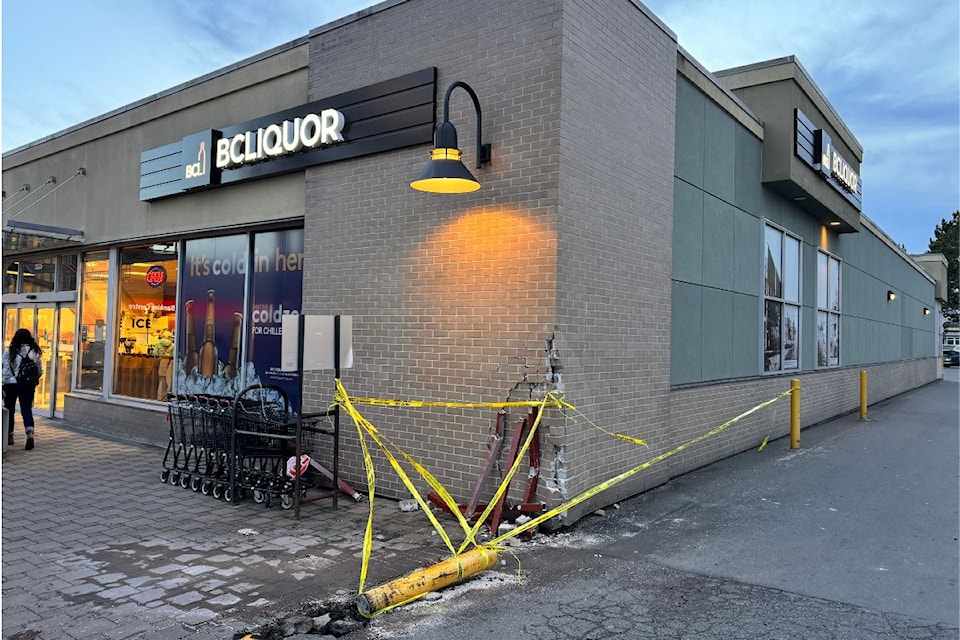 A vehicle rammed into the BC Liquor building hitting two pedestrians on Wednesday (Nov. 20 ) afternoon.