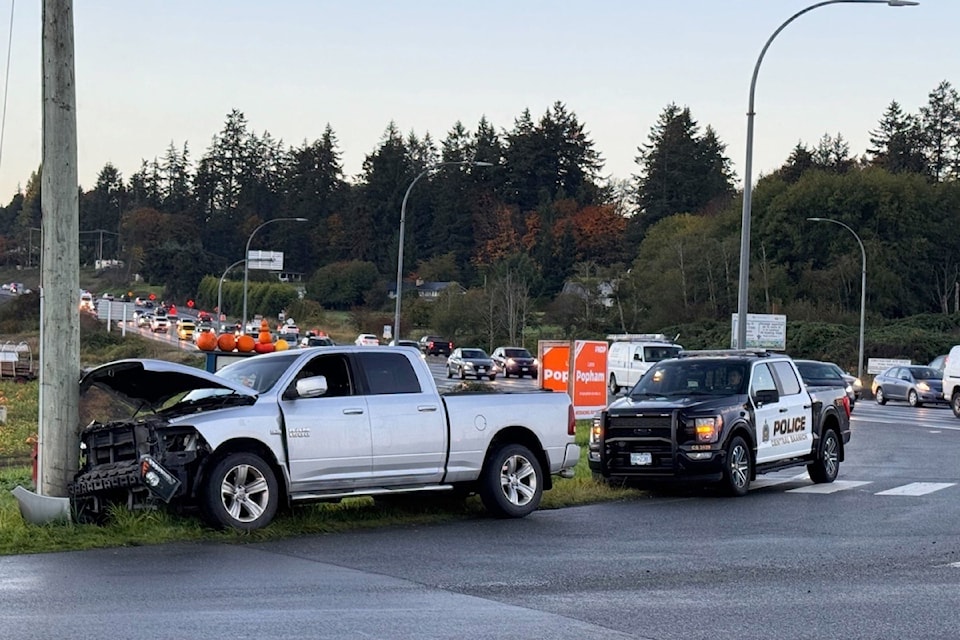A single-vehicle crash snarls traffic in Central Saanich during the Oct. 16 morning commute.