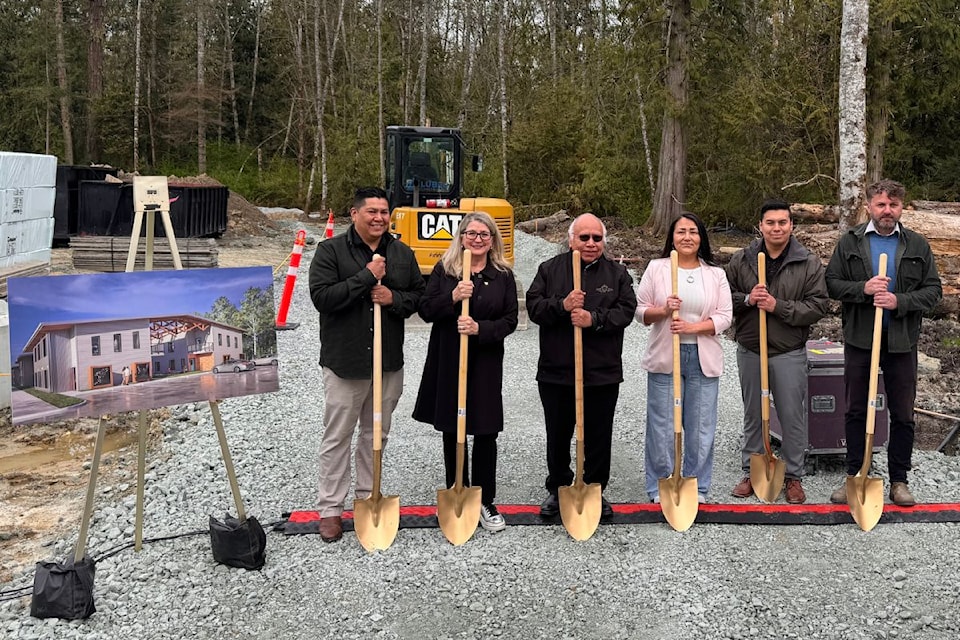 From left: Tsawout Chief Abraham Pelkey, Saanich South MLA Lana Popham, Cowichan Tribes selected councillor Calvin Swustus Sr and other community members getting ready for the groundbreaking for the new development on Tsawout First Nation land.