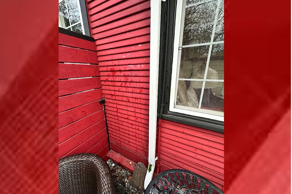 Egg splatter on the wood siding at Pauline Lyngard's cottage home in Brentwood Bay.
