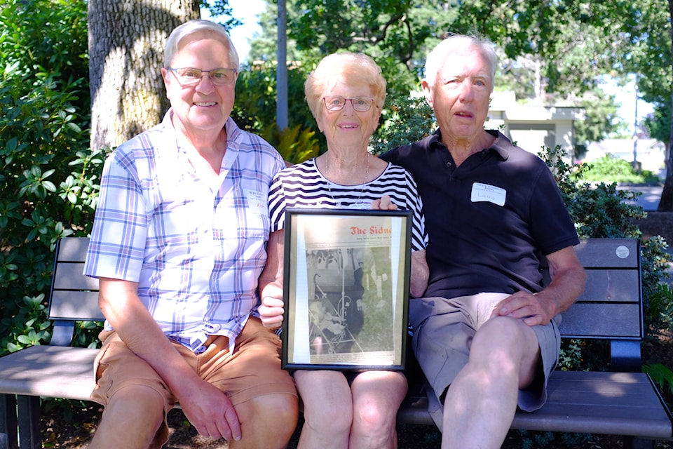 (L-R) Rick Sluggett, Anne Henderson and Larry Sluggett sit together at HEL,HILEC/ Pioneer Park on July 13 to celebrate their family’s 150th anniversary in Brentwood Bay.