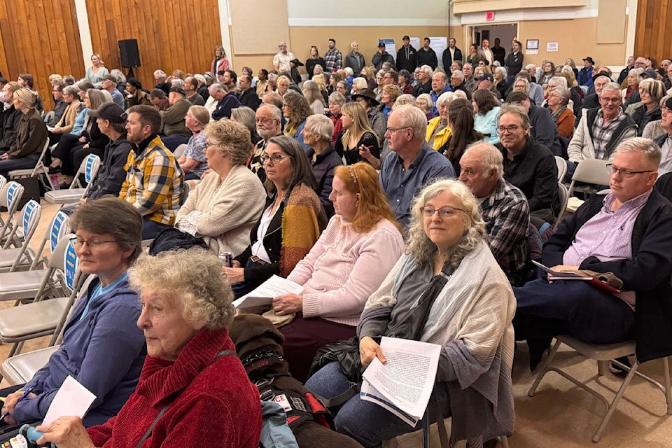 Hundreds of people fill Cedar Room at Saanich Fairground during the public hearing on the proposed OCP bylaw amendment on Wednesday, March 5, 2025. 