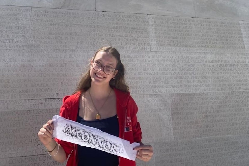 Paris Ford stands at the Canadian National Vimy Memorial, after honouring Pte. Maurice Connor after sharing a poem she wrote in his honour.