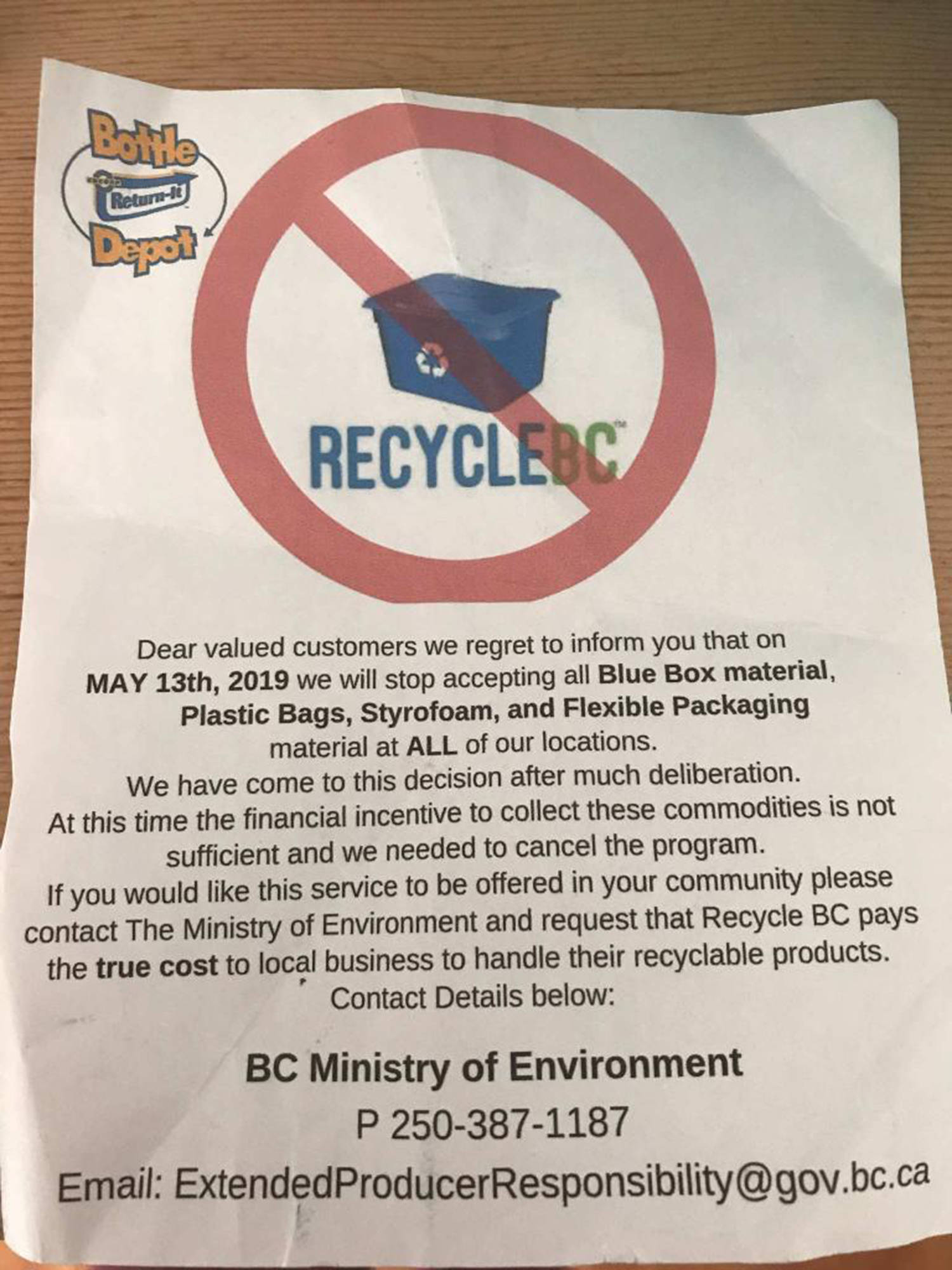 Bottle Depots end soft plastic, styrofoam collection for recycling