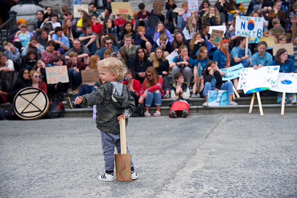 Holden Ostermann, age 2, participated in a youth protest for climate action at the B.C. Legislature on May 24, 2019 (Nicole Crescenzi/News Staff)