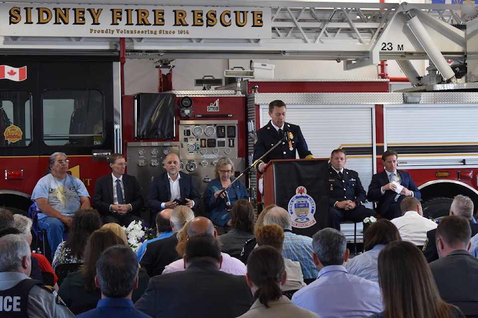 Sidney Fire Dept. Chief Brett Mikkelsen speaks to a crowd at the opening ceremony for Sidney’s new Community Safety Building on Friday, June 21, 2019. (Nick Murray/News Staff)