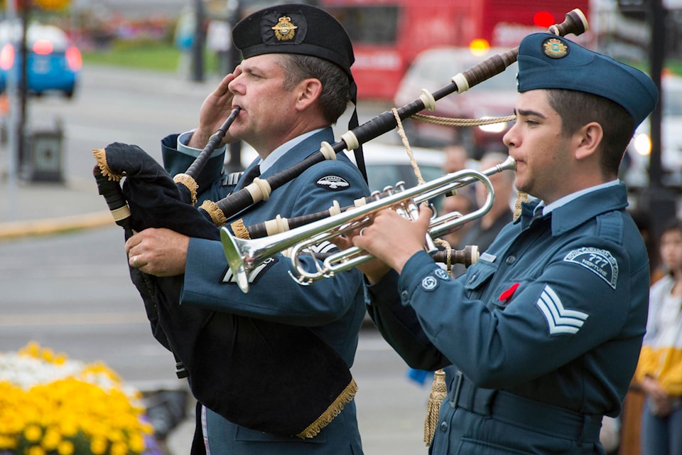 A ceremony to mark National Peacekeepers’ Day was held at the cenotaph outside the British Columbia Parliament Buildings on Friday. (Kevin Menz/News Staff)