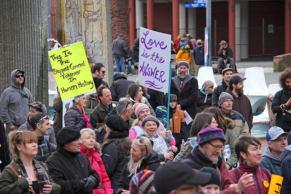 Approximately 100 people gathered in Centennial Square Saturday afternoon to listen to speakers decry COVID-19 restrictions. (Jane Skrypnek/News Staff)