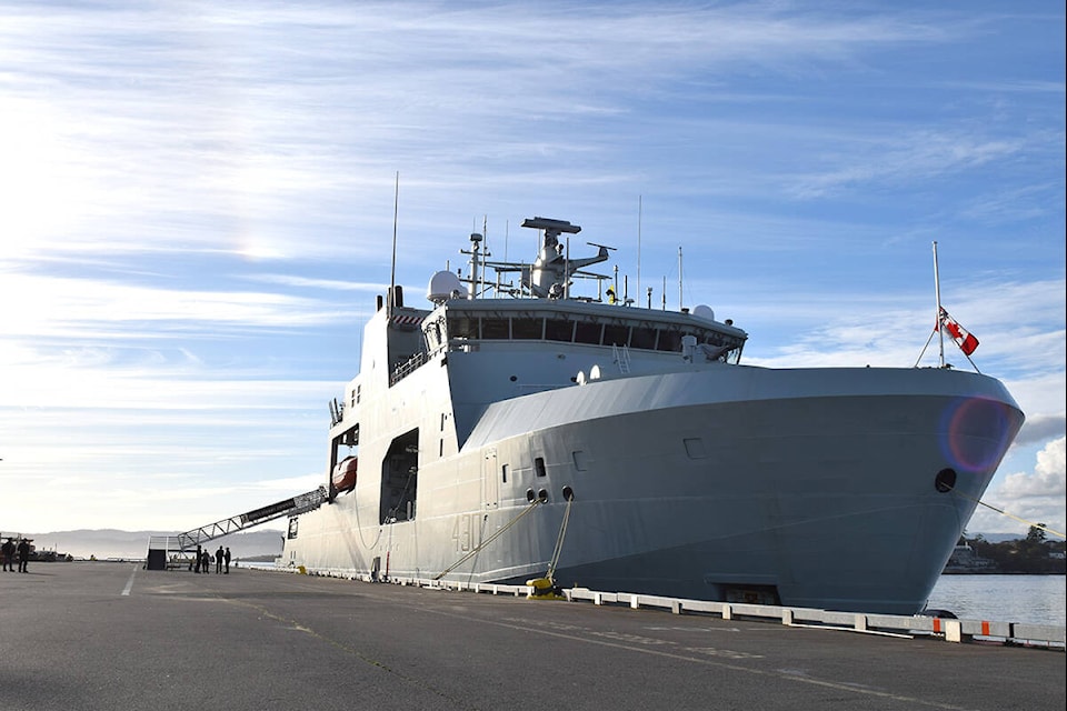 HMCS Harry DeWolf docked at Ogden Point Oct. 3, after completing its maiden operation in Nunavut waters. (Kiernan Green/News Staff)