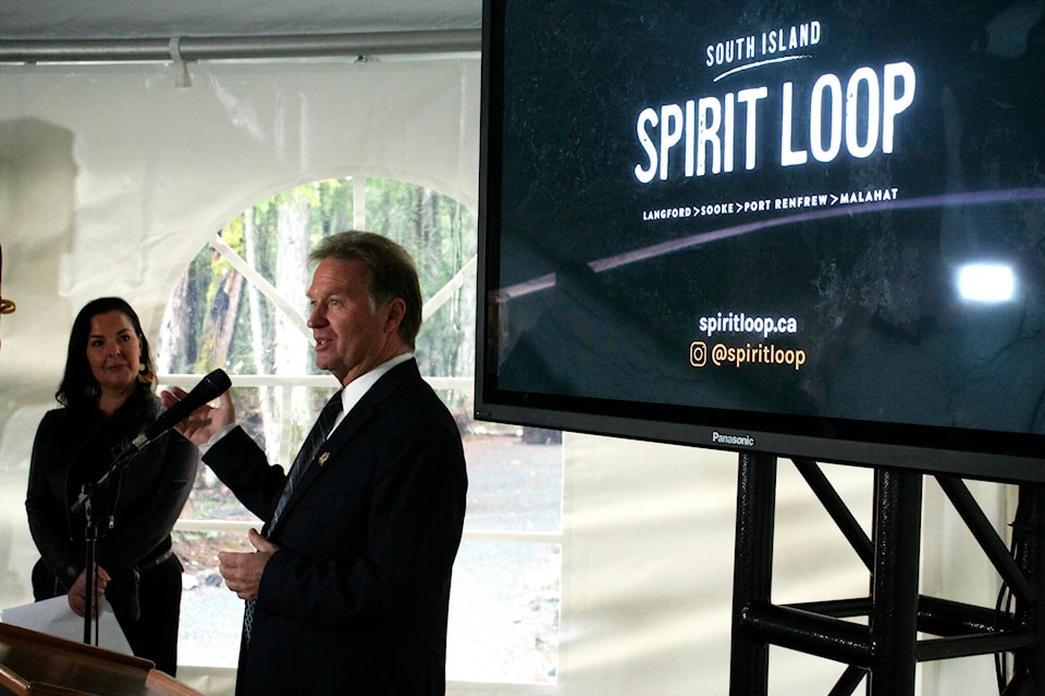 Langford Mayor Stew Young spoke at the unveiling of the Spirit Loop tourism marketing initiative on Oct. 26. (Bailey Moreton/News Staff)