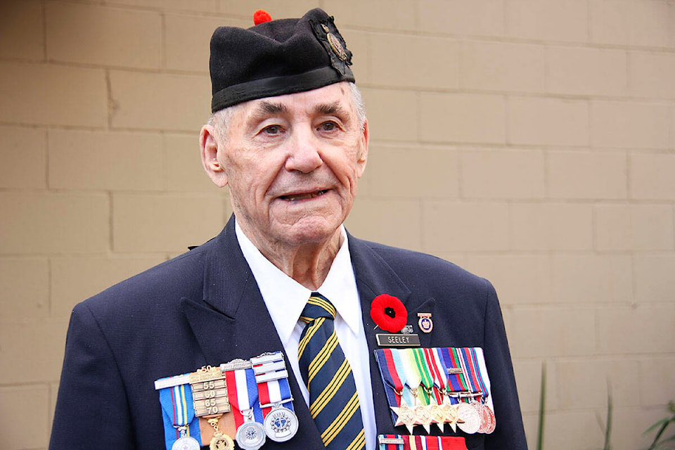 Second World War veteran Fred Seeley was presented the first poppy at Royal Canadian Legion Branch 91 in Langford Oct. 29. (Jane Skrypnek/News Staff)