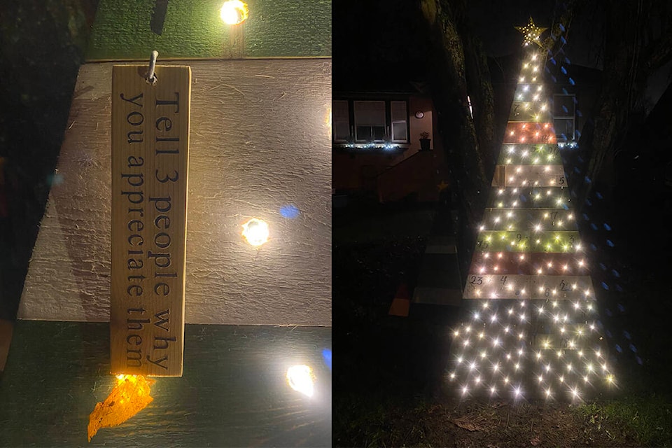 One Oak Bay family’s tree of gratitude, much like an advent calendar of goodwill, shares a new positive message or action each day. (Michael Cunliffe/Twitter)