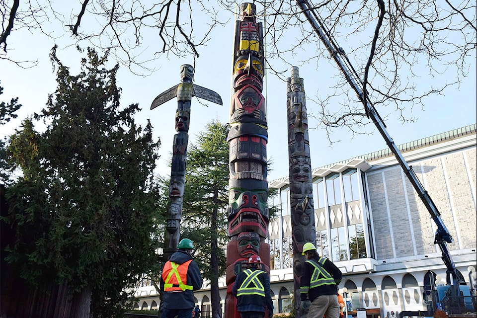 Workers make final adjustments to the placement of Richard Hunt’s restored pole in its new location in Thunderbird Park, neighbouring those carved by his father, Henry Hunt, and the renowned Mungo Martin. (Kiernan Green/News Staff)