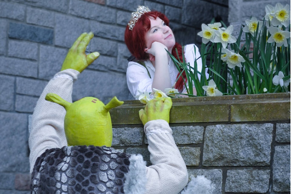 Shrek and Fiona, Elijah Bell and Gracie Vanthuyne, rehearse a scene from the CCPA production of Shrek the Musical, starting May 6 at the Dave Dunnet Community Theatre in Oak Bay High. (Courtesy CCPA)