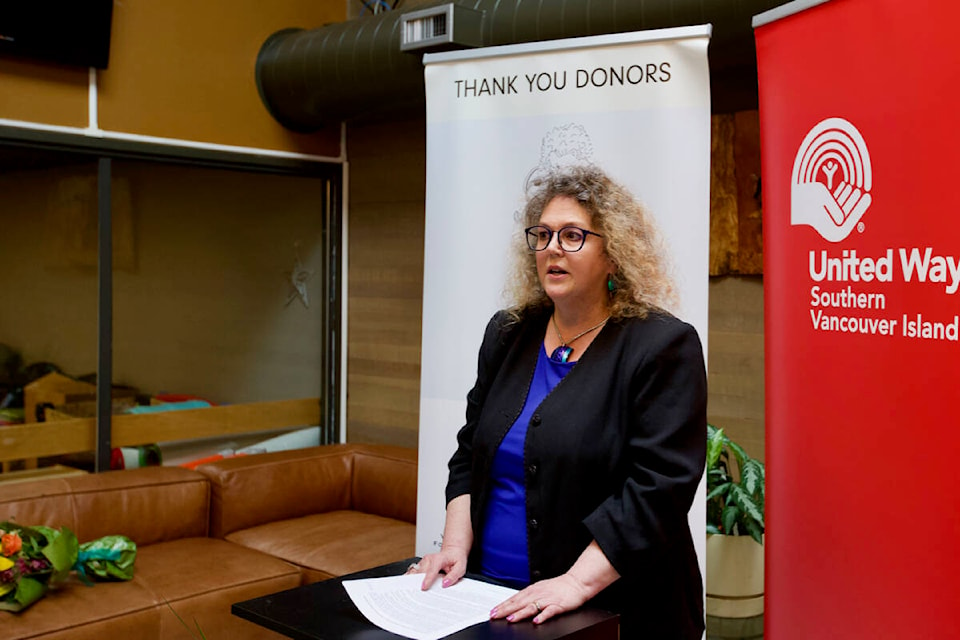 Jane Taylor Lee, Family Services of Greater Victoria executive director, speaks at the official opening of Little Phoenix Daycare in Victoria Thursday. The centre is the first trauma-informed daycare in B.C. and only the second in Canada. (Justin Samanski-Langille/News Staff)