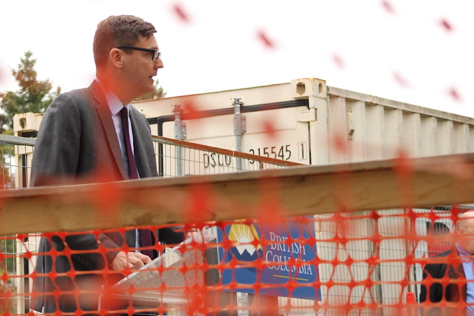 Attorney General David Eby on May 30, 2022, in Victoria at the announcement of the redevelopment of Michigan Square. (Jake Romphf/News Staff)