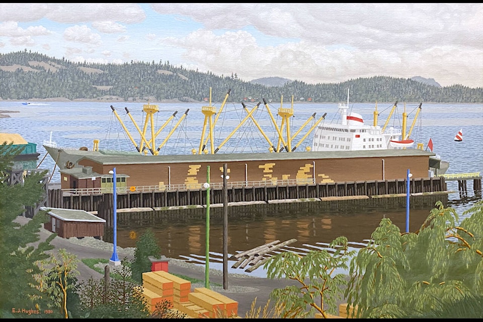 “Freighter at a Wharf, Crofton B.C.” (1980), a 24-by-36-inch oil on canvas by E.J. Hughes, at Madrona Gallery.