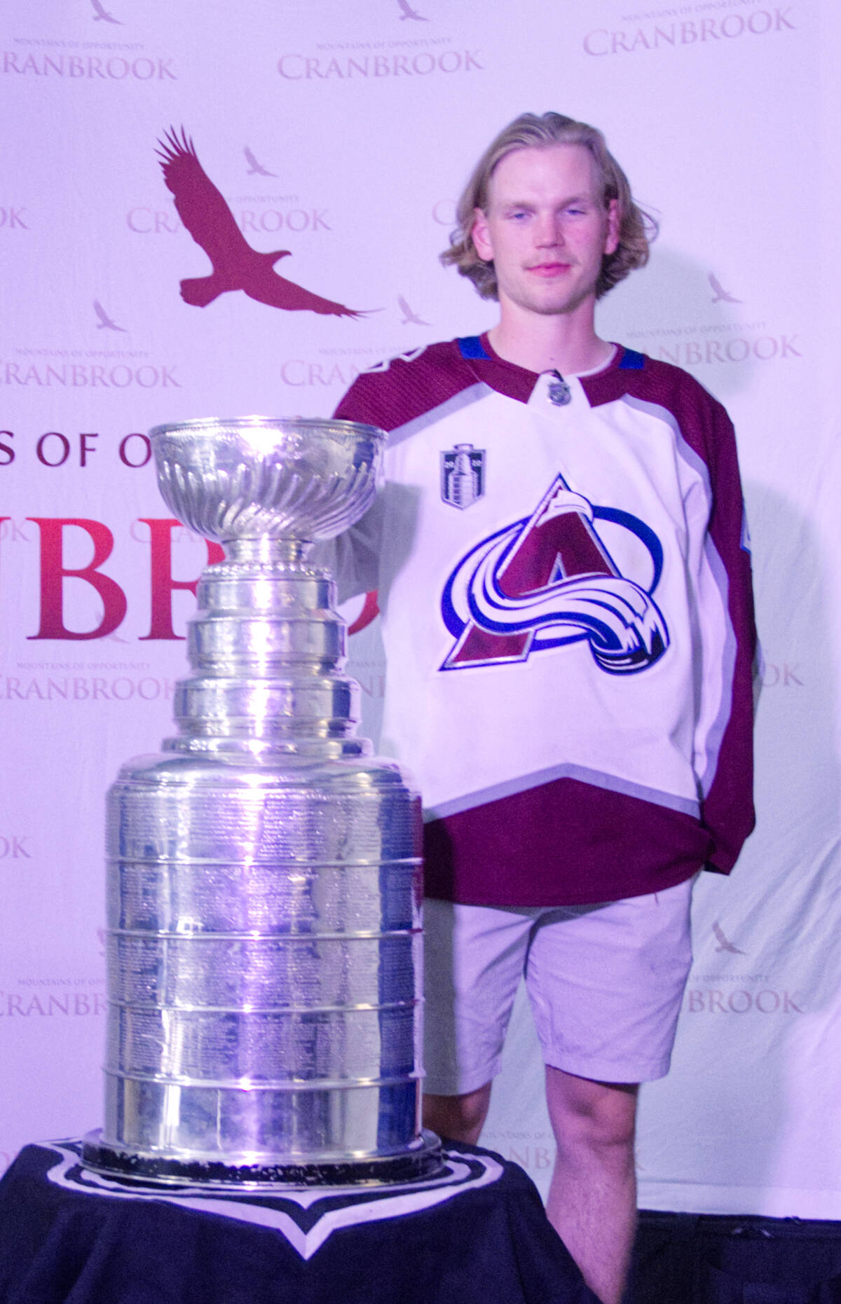 Bowen Byram with the Stanley Cup at Western Financial Place, Tuesday, Aug. 16. (Trevor Crawley photo)