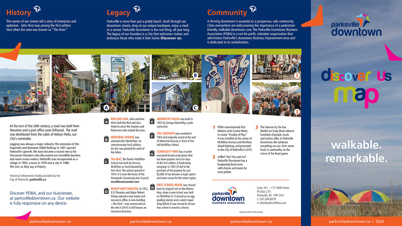 Parksville Downtowns colourful walking map guides you around our charming streets to sites significant to our past.