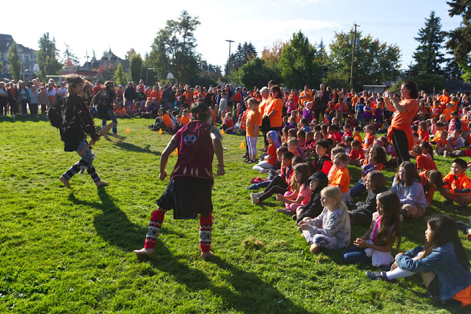 Students from Ruth King Elementary and Spencer Middle School gathered at Ruth King Thursday (Sept. 29) for an Orange Shirt Day ceremony as schools will be closed on Sept. 30. (Justin Samanski-Langille/News Staff)