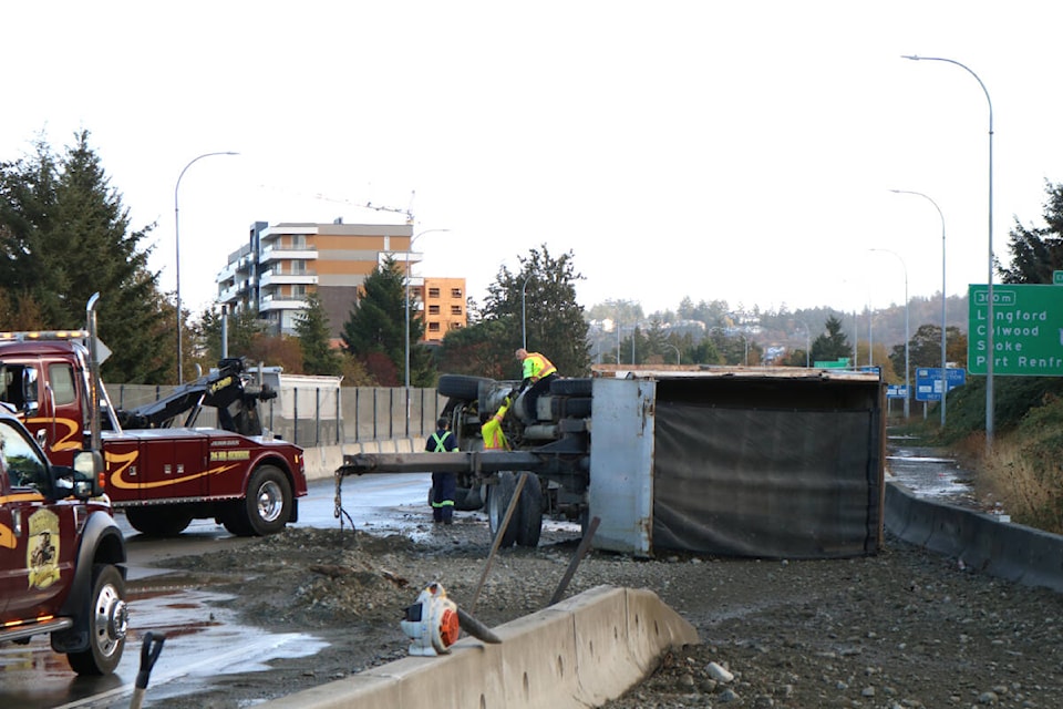A truck crash on the Trans-Canada Highway caused delays in Langford. (Bailey Moreton/News Staff)