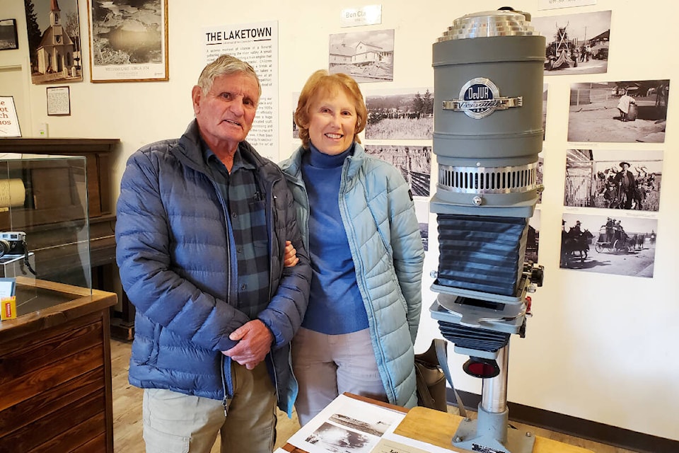 Joe and Kathy Fetters stand next to the photograph enlarger Joe’s father Joe Fetters used while stationed at Pearl Harbour during the Second World War. Joe and Kathy donated it and copies of some photographs his father took while in Pearl Harbour. (Monica Lamb-Yorski photo - Williams Lake Tribune)