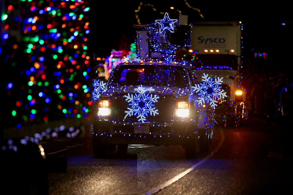 The annual IEOA Truck Light Convoy and Food Drive makes its way through Langford. (Black Press Media file photo)